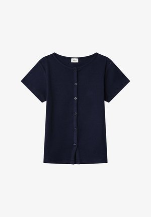 Chemise à manches courtes bleu marine en tissu côtelé, avec un col rond et six boutons sur le devant, agrémentée d'un petit logo sur l'ourlet.