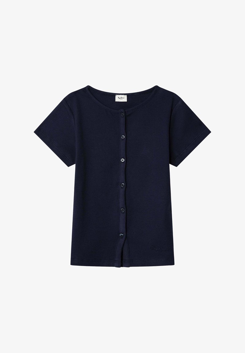 Tumesinine lühikeste varrukatega nööbitav särk ribikangast, millel on ümmargune kaelus ja kuus eesmist nuppu ning väike logo äärel.