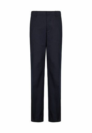 Marineblaue Hosen mit geradem Schnitt, aus leichtem Stoff. Sie verfügen über Seitentaschen und eine glatte Textur mit einem klassischen Bund.