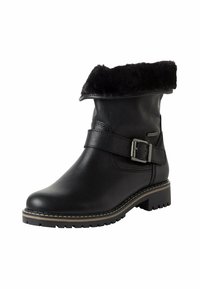 Bottine noire en cuir avec un doux poignet en fourrure noire, dotée d'une boucle décorative et d'une semelle en caoutchouc texturé pour une meilleure adhérence. Détails en surpiqûres présents.