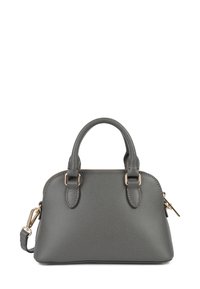 Piccola borsa a tracolla in pelle testurizzata grigio scuro con due manici, accessori in oro e una tracolla removibile su sfondo bianco.