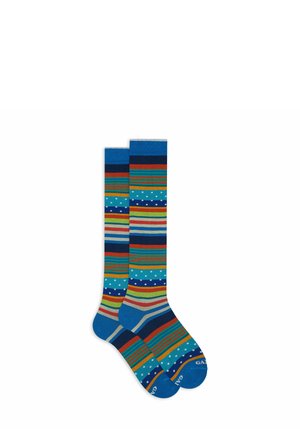 Colorful knee-high socks featuring blue, green, red, and yellow stripes, with polka dots in alternating bands. Made from soft, stretchable material.