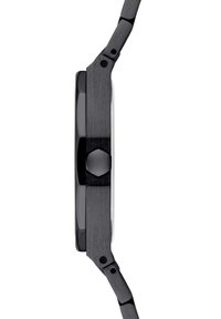 Orologio in acciaio inox nero con cassa piatta, corona esagonale e finitura spazzolata sul cinturino. Design minimalista con linee pulite.