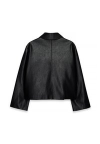 Musta keinonahkainen lyhyt takki, jossa pitkät hihat ja pieni kaulus, kuvattuna takaa valkoisella taustalla.