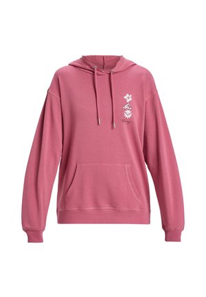 Pink hooded sweatshirt with a front pocket, drawstring closure, and floral print detail on the left side. Soft fabric and relaxed fit.