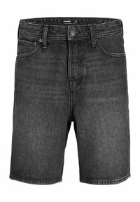 Shorts in denim nero con taglio classico, dotati di chiusura con bottone, cinque tasche e una texture leggermente scolorita.