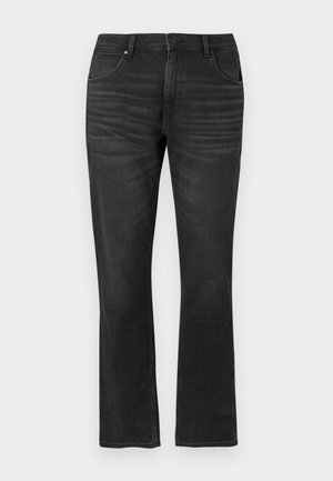 Črne široke jeans hlače iz denima, z značilnim dizajnom petih žepov, šitimi šivi in gumbnim zapiranjem v pasu.