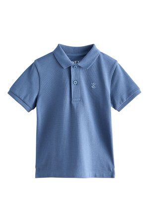 Blå kortærmet poloshirt med to knapper foran, lille broderet logo på venstre bryst og klassisk krave.