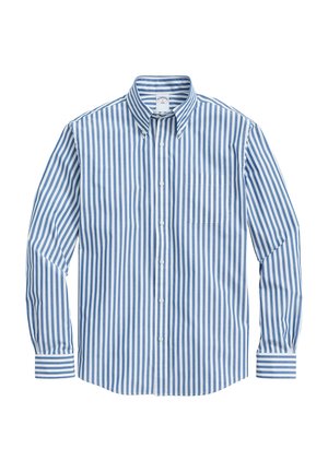 Chemise à manches longues avec des rayures verticales bleues et blanches, un col boutonné et une poche poitrine.