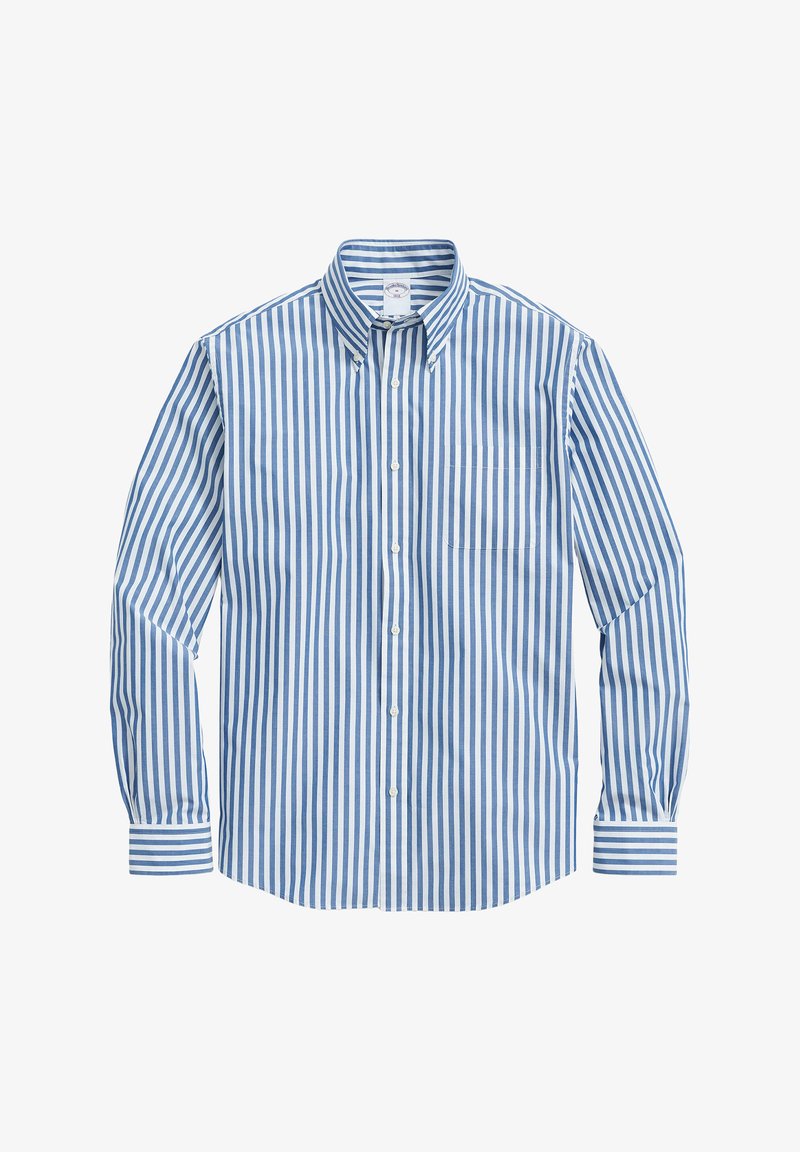 Overhemd met lange mouwen en knopen, met verticale blauw-witte strepen, een knoopsluiting bij de kraag en een borstzak.