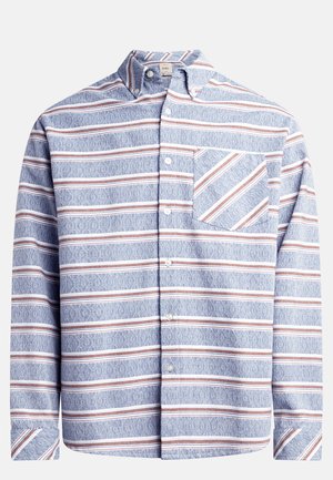 Langärmliges Button-Up-Hemd mit horizontalen Streifen in Blau, Weiß und Braun sowie einer diagonal gestreiften Brusttasche.