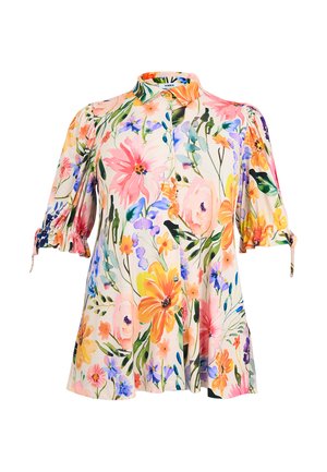 Bluse med blomsterprint i livlige nuancer af pink, orange, lilla og grøn, med knaplukning foran, krave og trekvartlange ærmer med flæser og bindebånd.