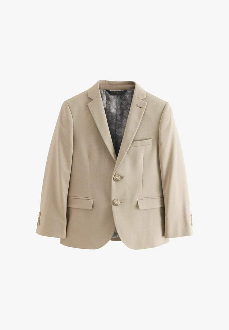 Blazer beige à simple boutonnage avec deux boutons, col cranté, trois poches et doublure intérieure grise à motif.