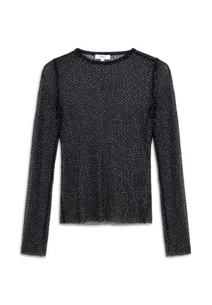 Zwarte longsleeve top van doorzichtig mesh met een textuurpatroon en zilveren accenten, voorzien van een ronde halslijn en een aansluitend design.