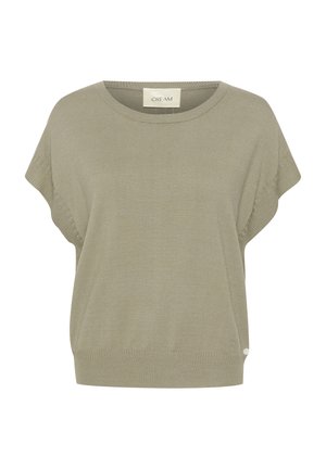 Helles olivgrünes T-Shirt mit kurzen Ärmeln aus weichem Strickmaterial. Mit Rundhalsausschnitt und einem kleinen Logo-Akzent am Saum.