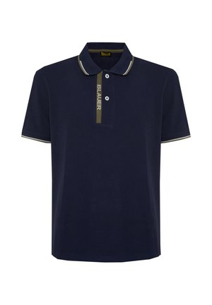 Navy blue short-sleeve polo shirt with two white buttons, olive green trim on collar and placket, and "BLAUER" text on placket.