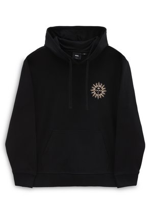 Czarna bluza Vans z kieszenią typu kangurek, kapturem ze sznurkiem i beżowym logo w kształcie promieni słonecznych na lewej piersi.