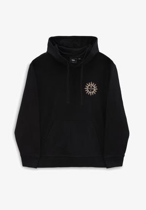 Czarna bluza Vans z kieszenią typu kangurek, kapturem ze sznurkiem i beżowym logo w kształcie promieni słonecznych na lewej piersi.