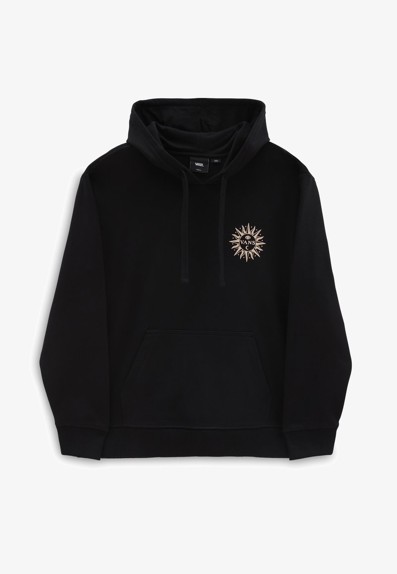 Sweat à capuche noir Vans avec poche kangourou, capuche à cordon et un logo beige en forme d’éclat de soleil sur la poitrine gauche.