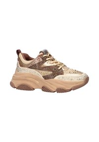 Chunky sneakers met een beige en bruine kleurstelling, voorzien van glinsterende glitteraccenten en een gestructureerde rubberen zool.