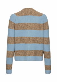 Stripet sweater med lyseblå og brune lodrette striber, ribbet struktur, rund halsudskæring og lange ærmer. Bagview vist.