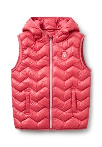 Red puffy vest with a hood, featuring a chevron quilted pattern, front zipper, and side pockets. Material has a shiny finish.