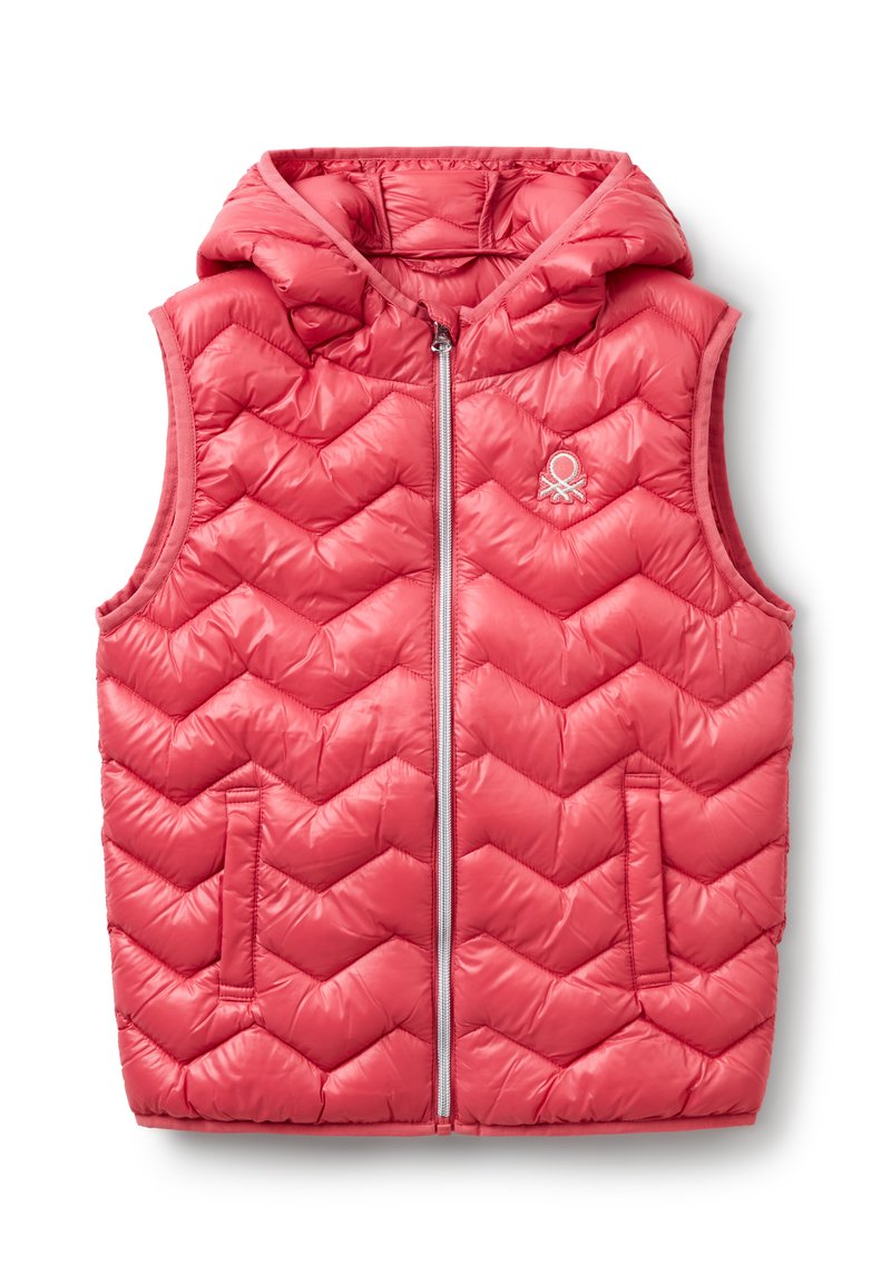 Red puffy vest with a hood, featuring a chevron quilted pattern, front zipper, and side pockets. Material has a shiny finish.
