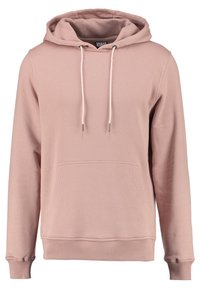 Rosa hettegenser laget av mykt stoff, med en frontlomme, snor i hetten og ribbestrikkede mansjetter og kant.