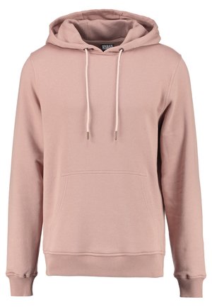Rosa Kapuzenpullover aus weichem Material, mit einer vorderen Kängurutasche, Zugbändern und gerippten Bündchen und Saum.