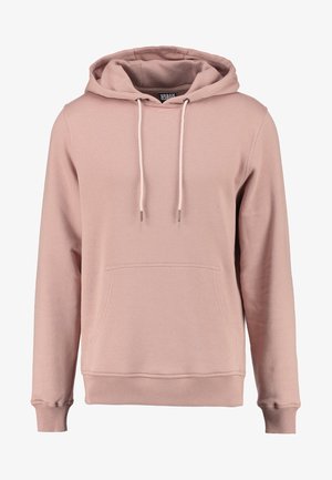 Rožinė kapucinė megztinis, pagamintas iš švelnios medžiagos, su priekinėmis kengūros kišenėmis, raišteliais ir guminėmis rankovėmis bei apatine juosta.