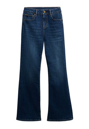 Dark blue denim jeans with a wide leg design, featuring a five-pocket style, button closure, and subtle whiskering on the front.