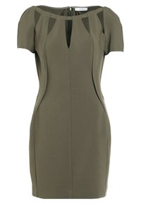 Oliwkowa, dopasowana sukienka z krótkimi rękawami, kształtnymi wycięciami oraz dekoltem w kształcie łezki; wykonana z gładkiego, usztywnianego materiału.