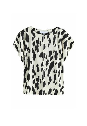 Lühikeste varrukatega tipp kreemivärvi kangast, millel on must loomade trikoo. Omab ümmargust kaelust ja lõdva istuvust, keskel on õmbluse detail.