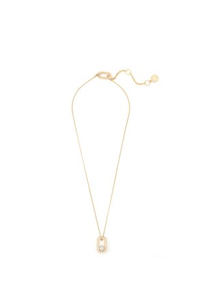 Gold necklace with a fine chain and a rectangular pendant featuring a small pearl inset. Minimalist design with a delicate texture.