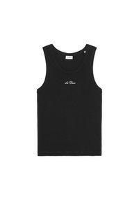 Μαύρο ριμπ αμάνικο τοπ από βαμβάκι, με στρογγυλή λαιμόκοψη και μικρό λευκό λογότυπο στο μπροστινό μέρος. Χωρίς πρόσθετα σχέδια ή διακοσμήσεις.