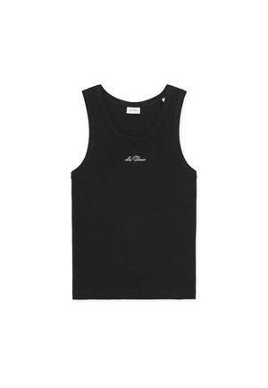Sort ribstrikket tanktop lavet af bomuld, med rund halsudskæring og et lille hvidt logo foran. Ingen yderligere mønstre eller detaljer.