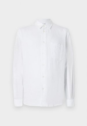 Weißes Leinenhemd mit langen Ärmeln, Knopfleiste und einer Brusttasche. Weicher Stoff und lockere Passform. Geeignet für die Freizeit.