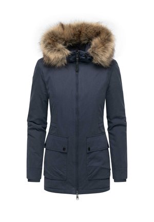 Marinblå parka-jacka med en huva foder av päls, två främre fickor, blixtlås och ribbad mudd. Tyget har en slät yta.