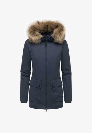 Marinblå parka-jacka med en huva foder av päls, två främre fickor, blixtlås och ribbad mudd. Tyget har en slät yta.