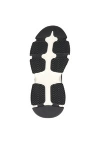 Suola in gomma nera con motivo di trazione testurizzato e intersuola bianca; forma curva con sezioni distinte per il tallone e la parte anteriore del piede.