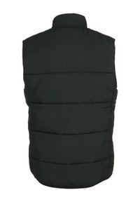 Gilet imbottito nero, senza maniche, con colletto alto e design trapuntato orizzontale, caratterizzato da una texture liscia e opaca e senza elementi di chiusura visibili.