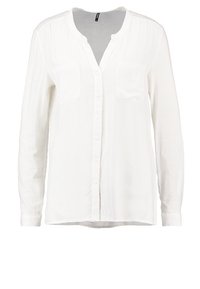 Blusa bianca a maniche lunghe realizzata in tessuto leggero con colletto, chiusura con bottoni e due tasche sul petto. Tessitura liscia, vestibilità comoda.