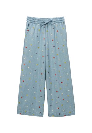 Pantalons en denim bleu clair à jambes larges, ornés de broderies florales multicolores et dotés d'une taille élastique avec cordon de serrage.