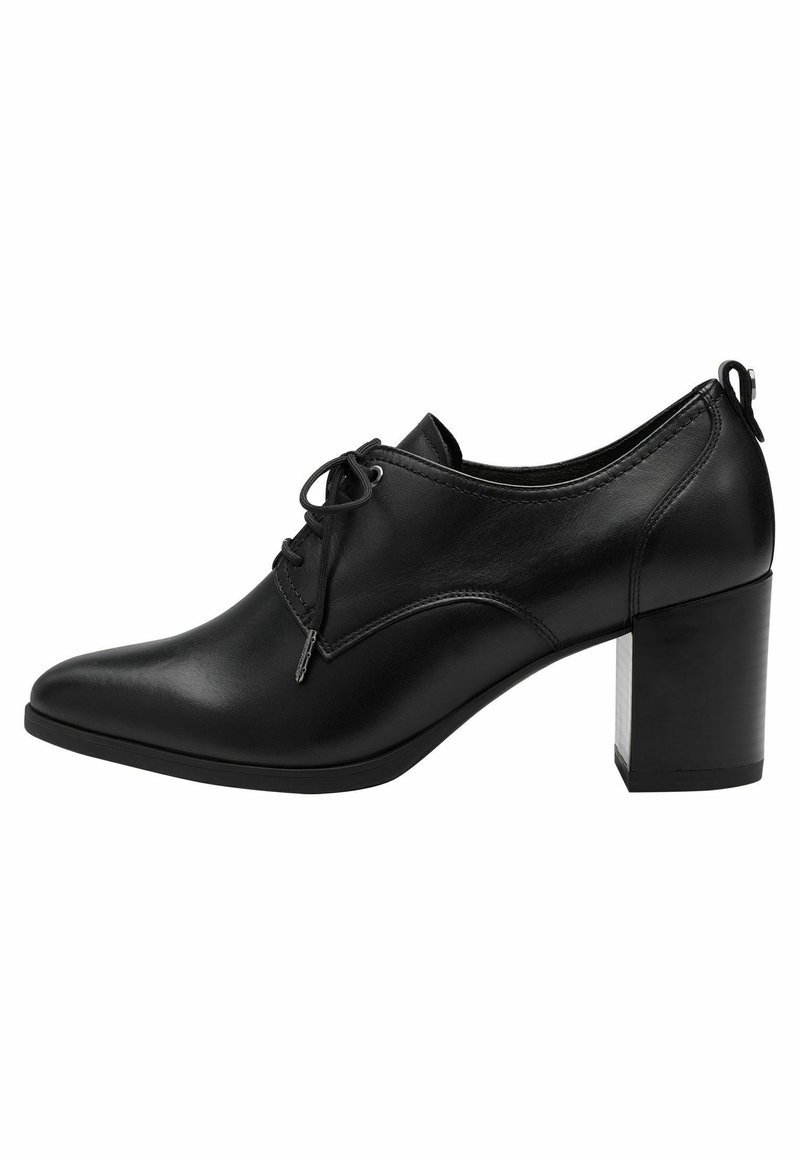 Chaussure à talon en cuir noir avec un bout pointu et un design à lacets, présentant un talon bloc et une texture lisse.