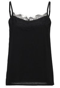 Svart linne med tunna justerbara axelremmar och spetsdetaljer längs halsringningen. Enkelt och elegant design.