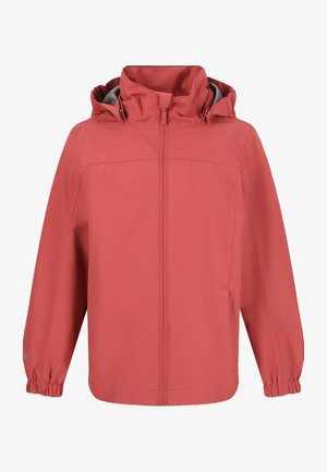 Rød vandtæt jakke med hætte, lynlås foran, elastiske cuffs og to sidelommer; glat tekstur, letvægtsdesign.