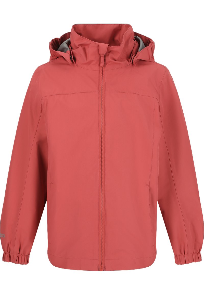 Veste imperméable rouge avec capuche, fermeture éclair sur le devant, poignets élastiques et deux poches latérales ; texture lisse, design léger.