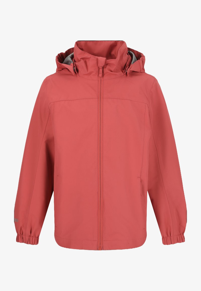 Veste imperméable rouge avec capuche, fermeture éclair sur le devant, poignets élastiques et deux poches latérales ; texture lisse, design léger.