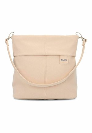 Beiget Leder-Schultertasche mit überklappbarem oberen Teil, abnehmbarem Riemen, zentraler Naht und kleinem rechteckigem Logotag auf der rechten Vorderseite.