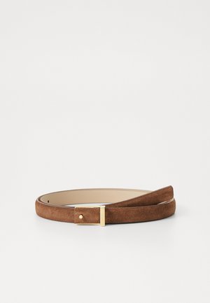 Brown suede belt with a smooth gold metal buckle, featuring a narrow design and a textured finish. Edges are cleanly cut and no patterns are visible.